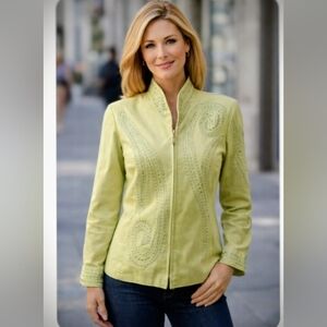 Bob Mackie Light Green Embroidered Studded Zip Jacket | Size Small